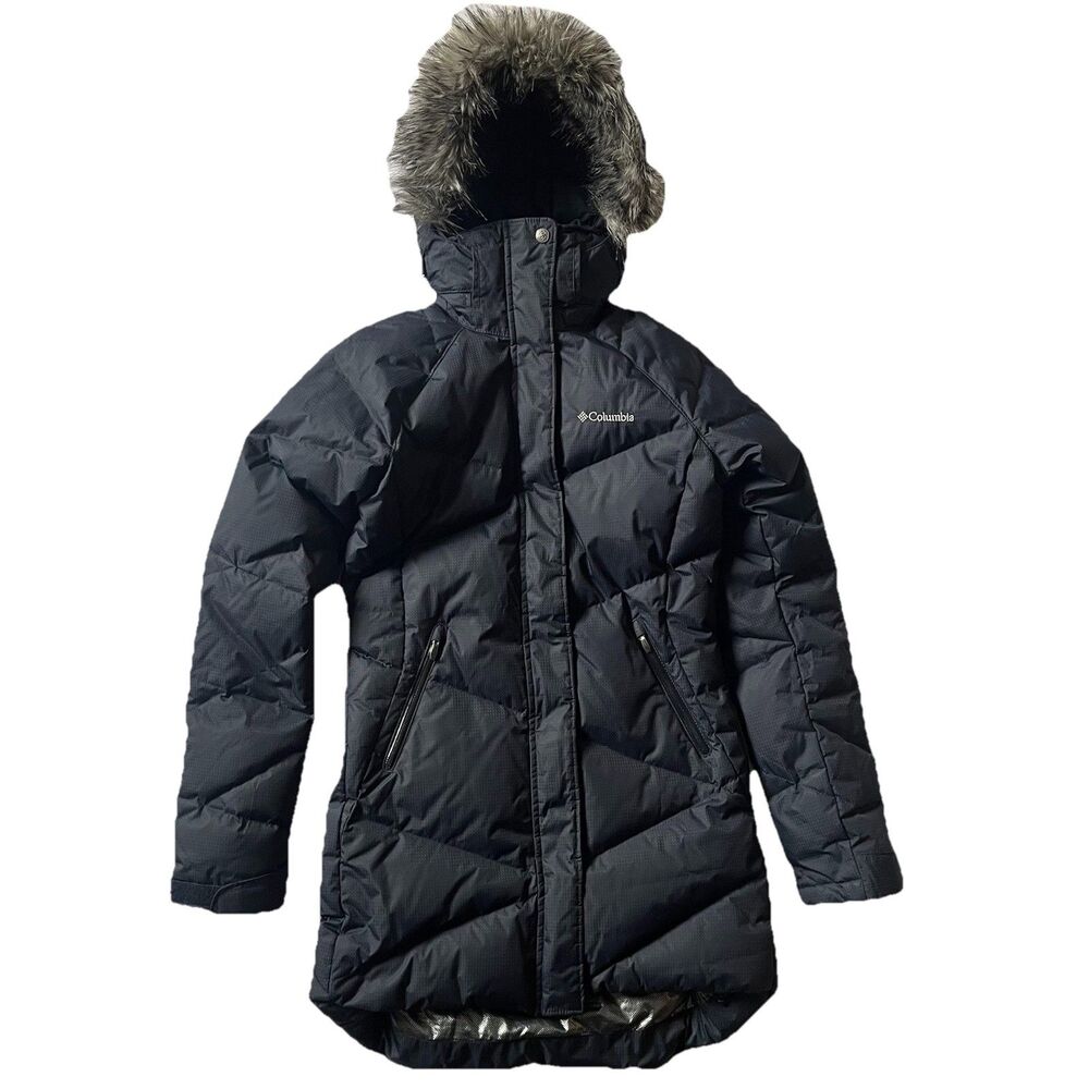 Columbia Lay D Down Omni-Heat Down Parka Long Jacket Women XS Navy Blue Fur 550